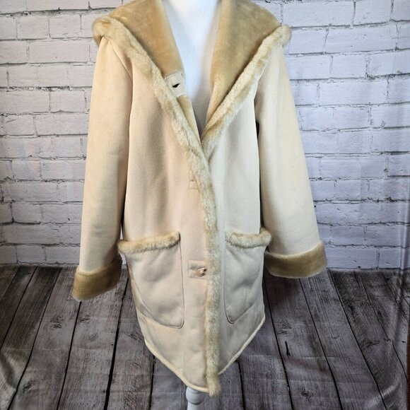 WOMENS JONES NEW YORK FAUX SUEDE COAT FAUX FUR LINING TAN SIZE MEDIUM EUC - Picture 1 of 11